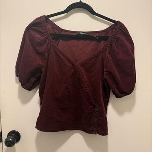 Madewell Corduroy Burgundy Puff Sleeve Wrap Blouse